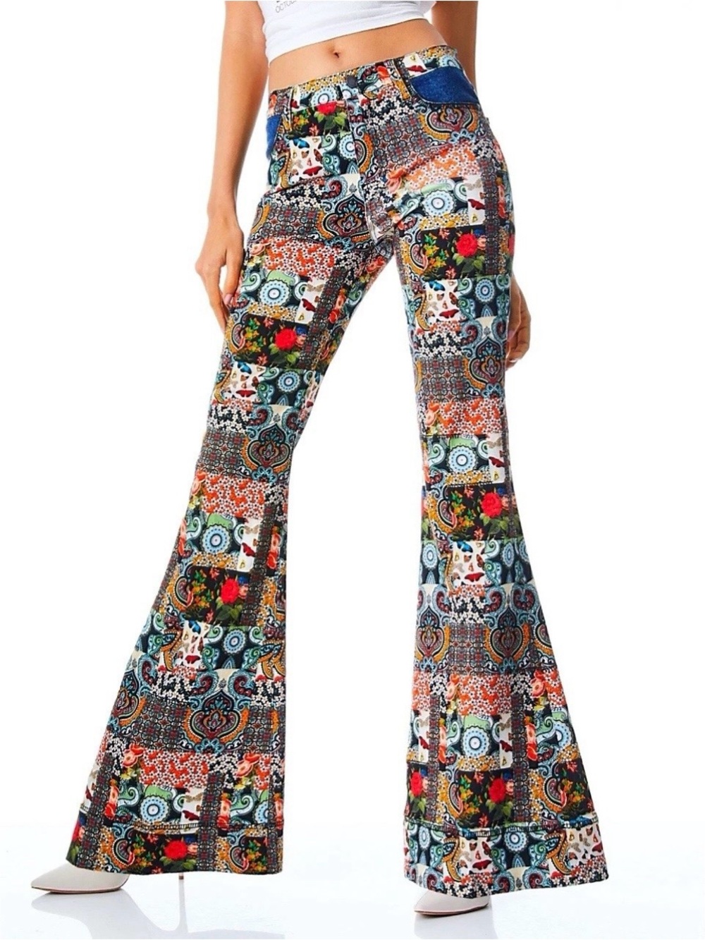 Alice + Olivia Patchwork Mid Rise Denim Floral Flared Bell Jeans